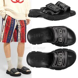 NEW GUCCI Aguru Black Leather & Rubber Logo Sandals Slides G 9 / US 9.5